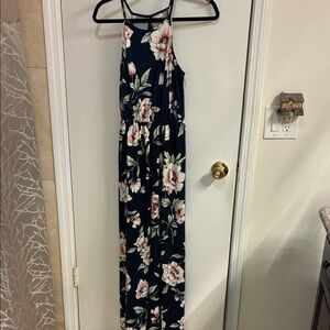 French Grey Navy Floral Maxi Dress with Pink Blossoms Sz M